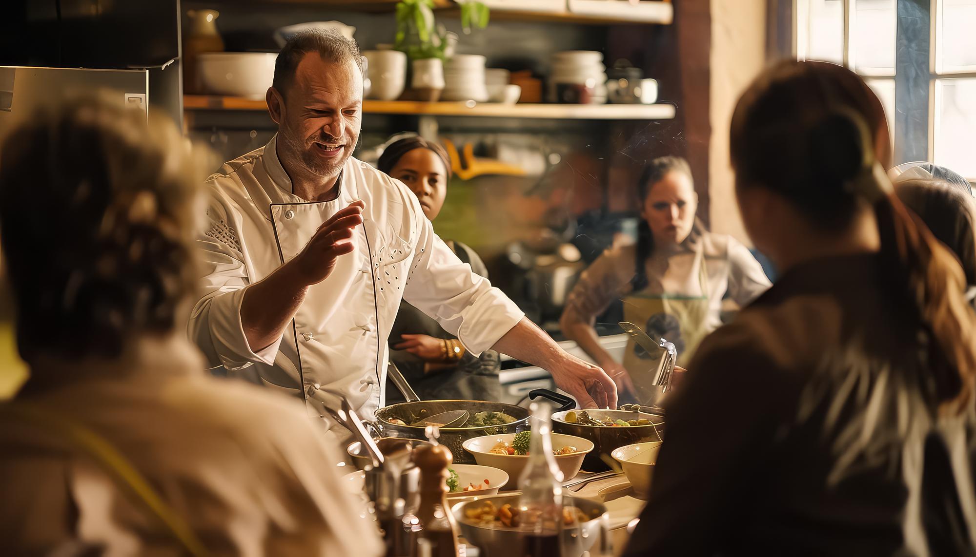 Chef speaking with guests around a long tasting table